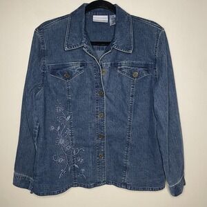 Alfred Dunner Petite Embroidered Denim Jacket Floral Blue Women's 10P